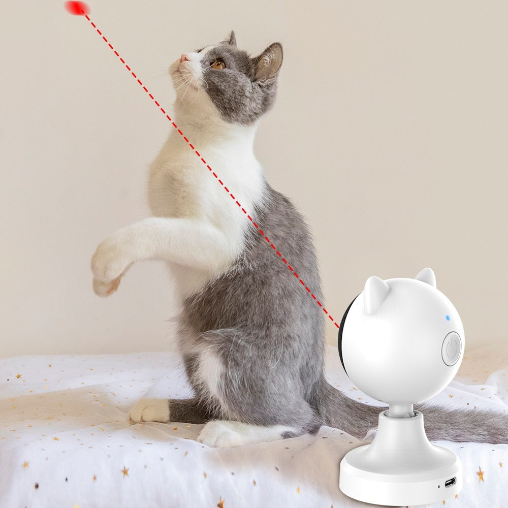 Alt Text: Intelligent laser cat teaser toy in action with a playful tabby chasing the light.
