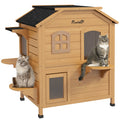 2-Story Wooden Outdoor Cat House with Escape Door & Roof Shelter