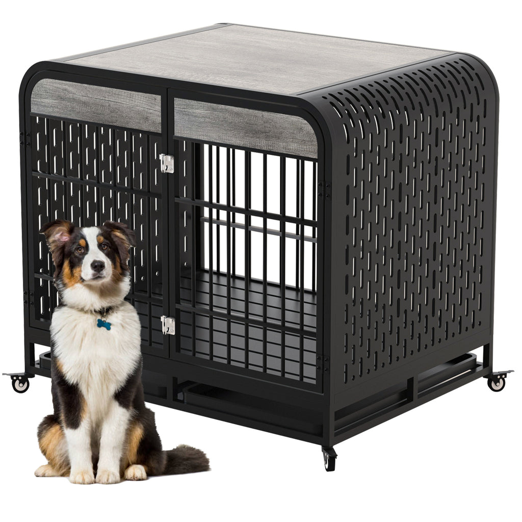 Heavy Duty Wooden Dog Crate with Lockable Wheels – 42" Grey Furniture Style