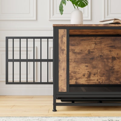 Rustic Wooden Dog Crate Furniture – 27" Small Indoor Kennel with Sliding Doors (small dogs)