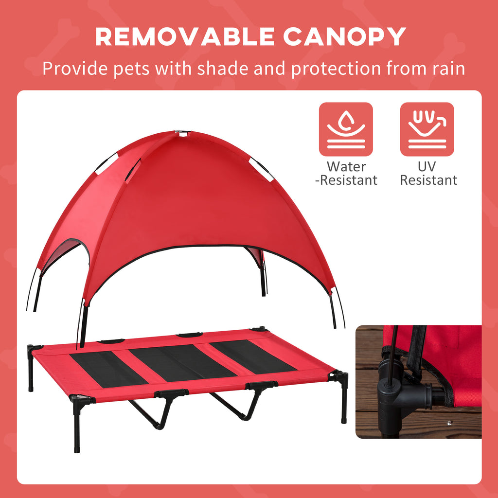 Dog resting on elevated cot outdoors