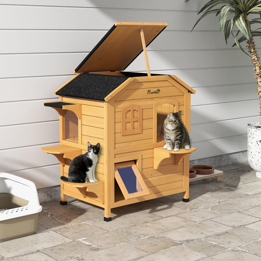 2-Story Wooden Outdoor Cat House with Escape Door & Roof Shelter