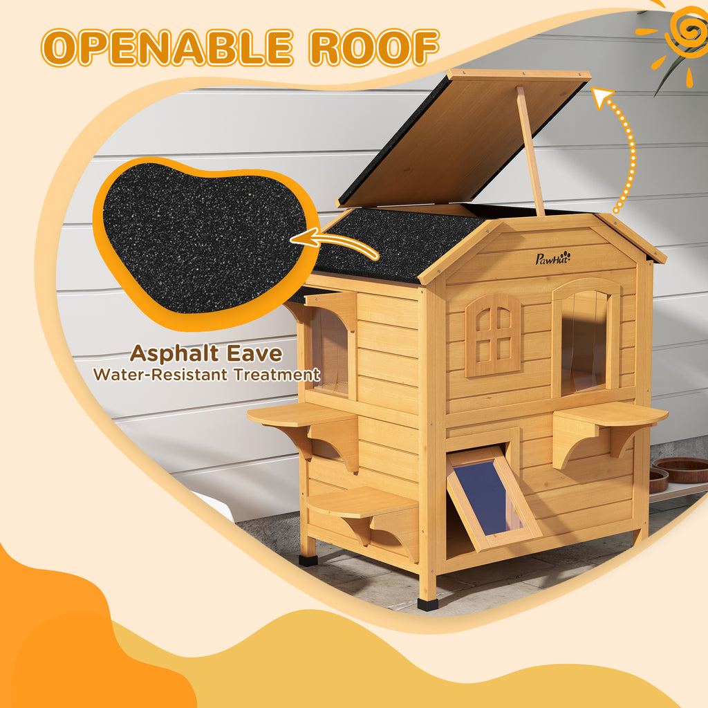 2-Story Wooden Outdoor Cat House with Escape Door & Roof Shelter