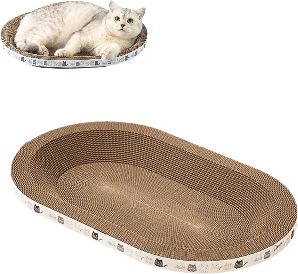 Cat curled up in the oval cardboard scratcher lounge bed, empty bed shown below