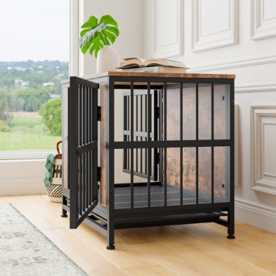 Rustic Wooden Dog Crate Furniture – 27" Small Indoor Kennel with Sliding Doors (small dogs)