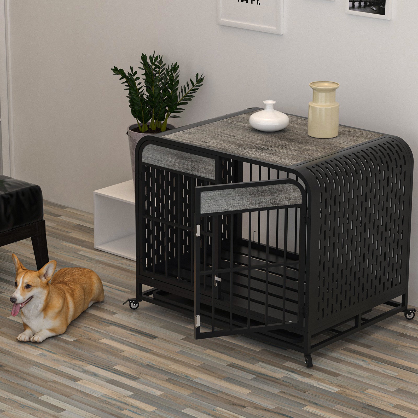 Stylish Grey Wooden Dog Crate – 33" Heavy Duty Kennel & Side Table Design