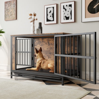 Rustic Wooden Dog Crate Kennel & Side Table with Doors (medium to large dogs)