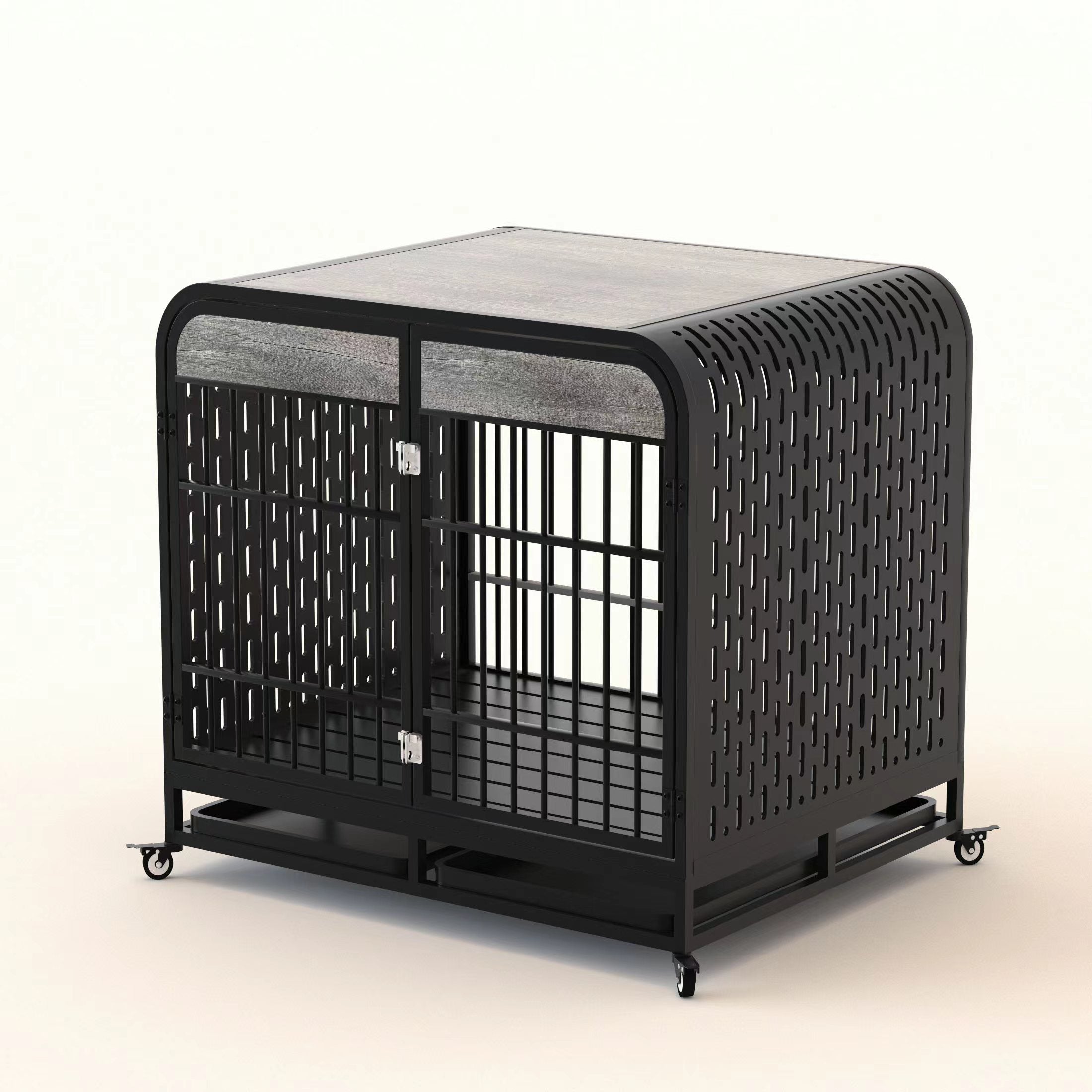 Heavy Duty Wooden Dog Crate with Lockable Wheels – 42" Grey Furniture Style
