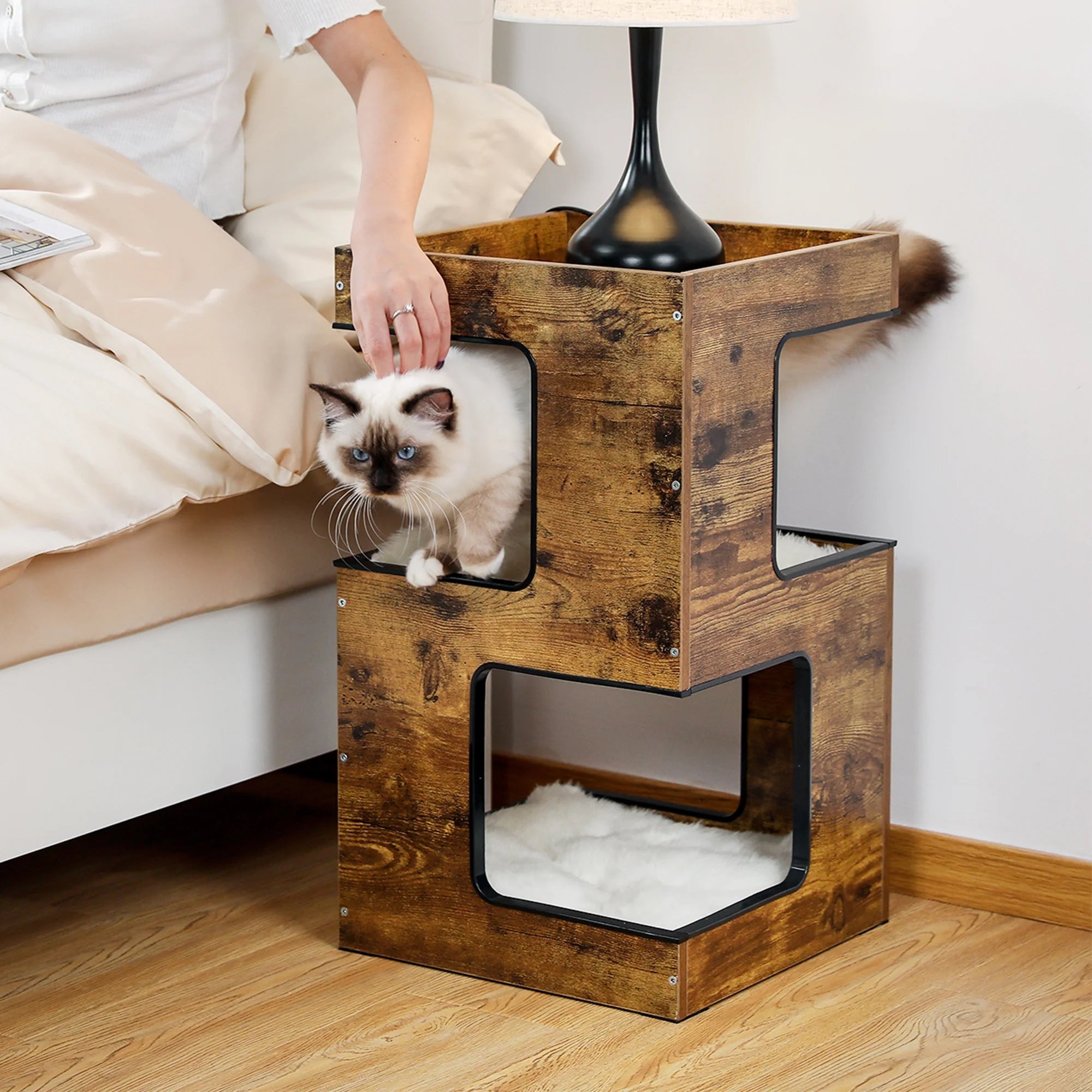 Pefilos 23" Wood Cat House Furniture for Indoor Cats, Modern Cat Tree Tower Bed with Free Cat Toy, Scratching Pad and Removable Soft Mats, Small Cat Condo, Brown