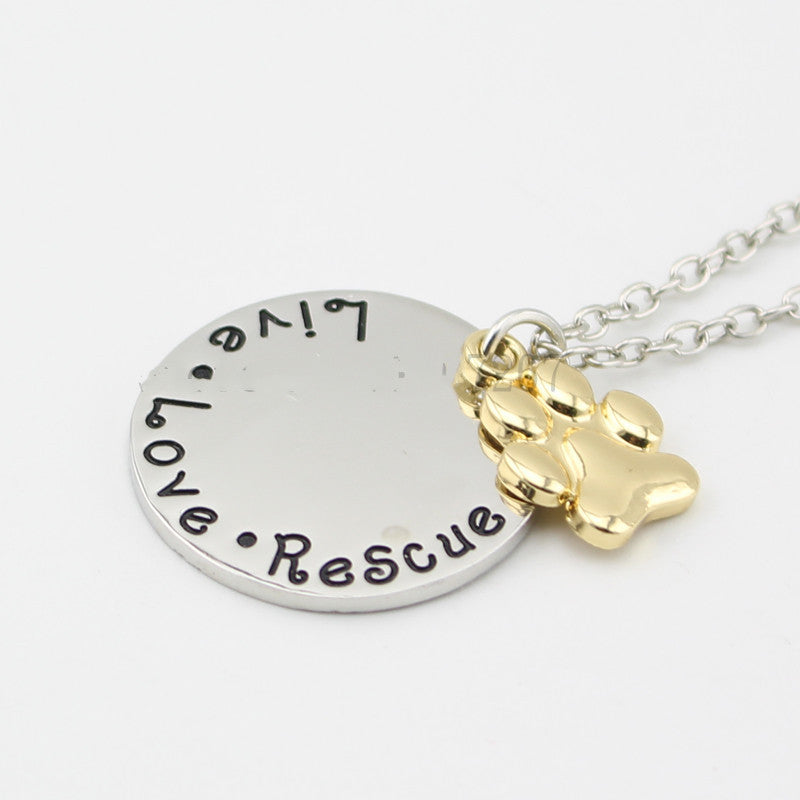 Pet Lover Dog Paw Necklace "Live · Love · Rescue"