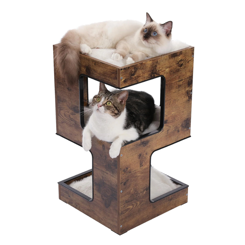 Pefilos 23" Wood Cat House Furniture for Indoor Cats, Modern Cat Tree Tower Bed with Free Cat Toy, Scratching Pad and Removable Soft Mats, Small Cat Condo, Brown