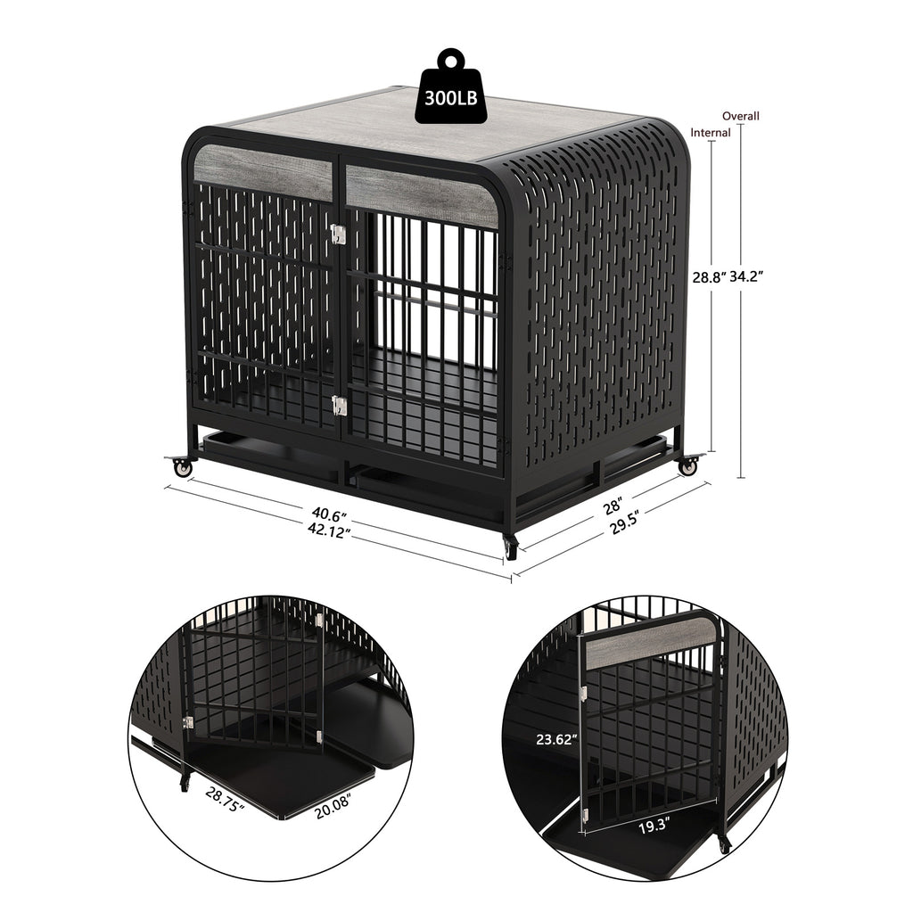 Heavy Duty Wooden Dog Crate with Lockable Wheels – 42" Grey Furniture Style