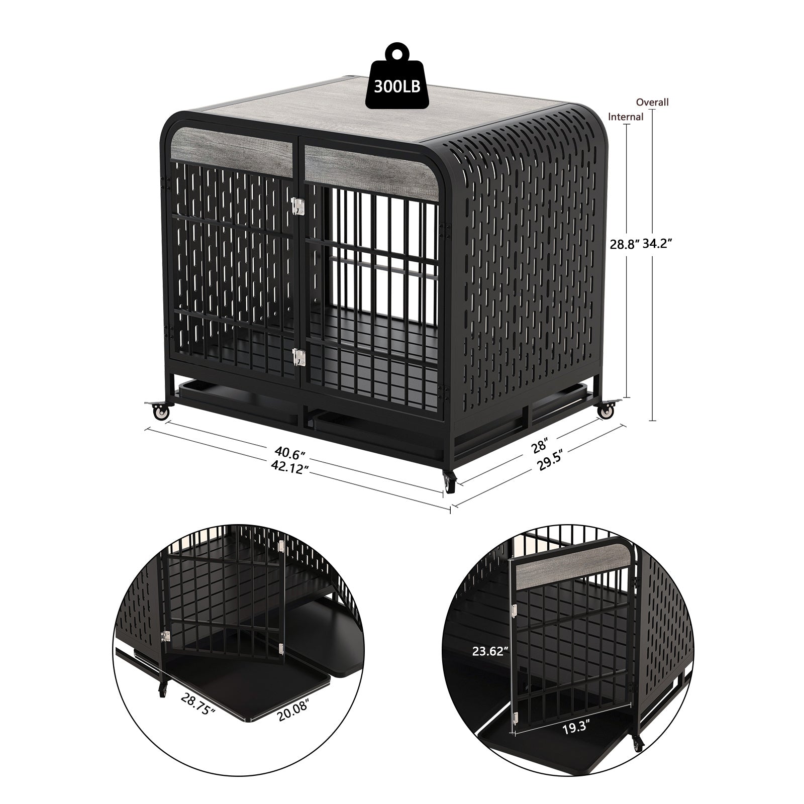 Heavy Duty Wooden Dog Crate with Lockable Wheels – 42" Grey Furniture Style