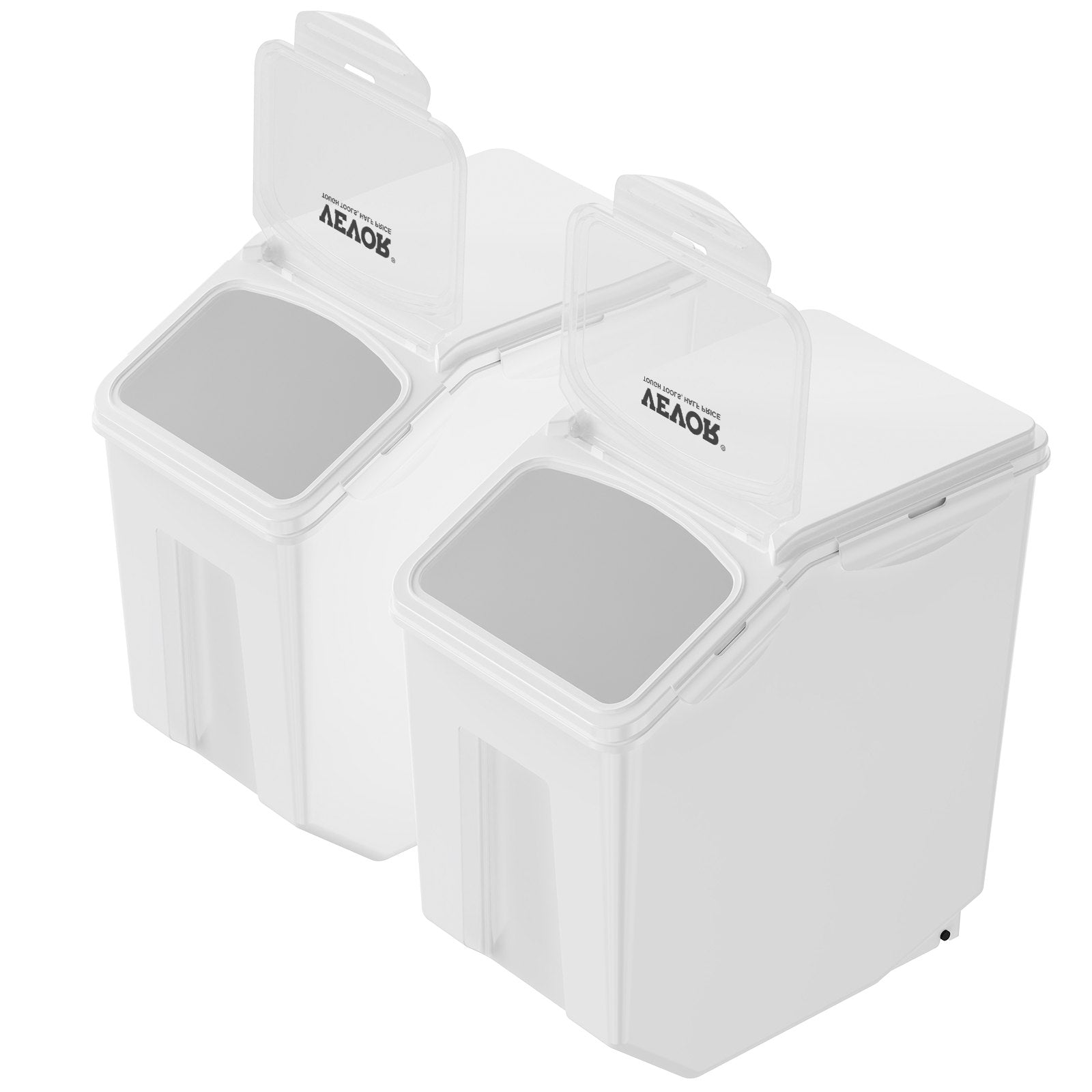 Pet food storage bin lid open