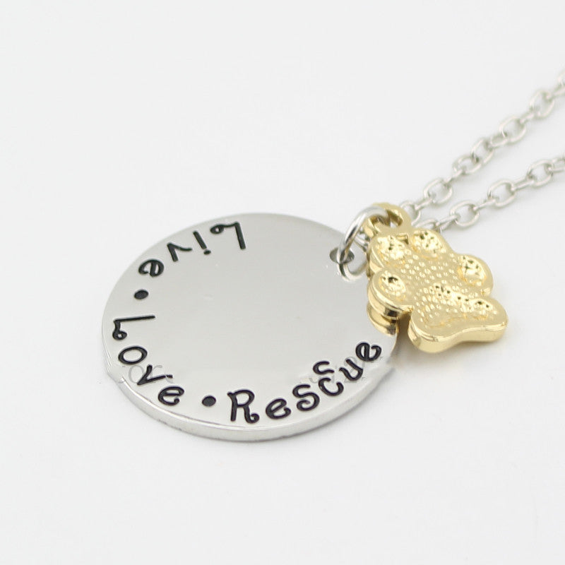 Pet Lover Dog Paw Necklace "Live · Love · Rescue"