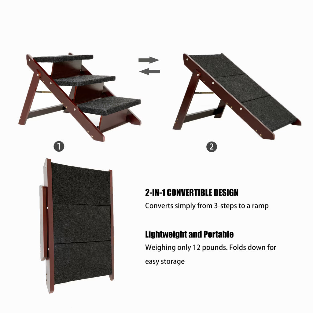 Foldable 3-Level Wood Pet Stairs &amp; Ramp