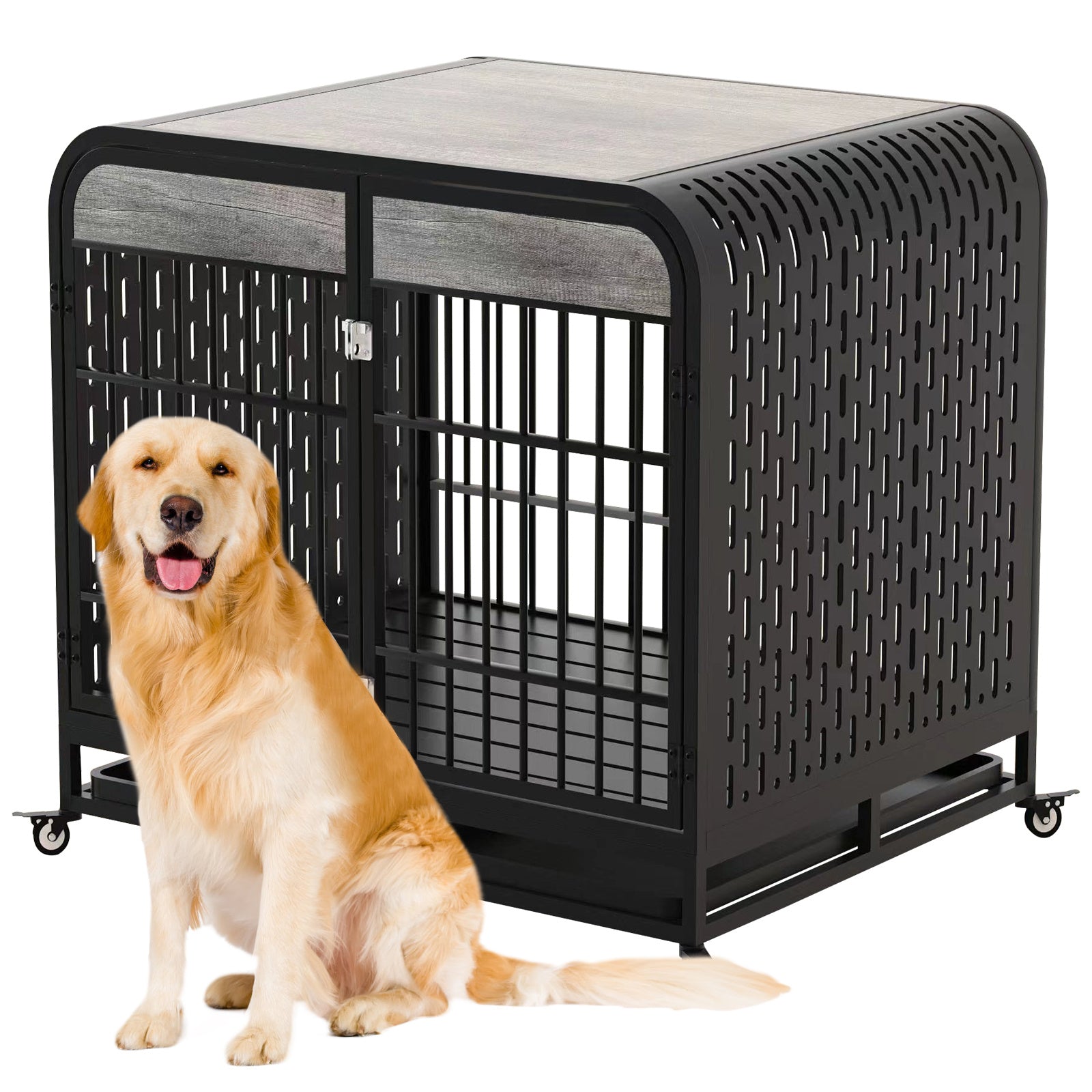 Heavy Duty Wooden Dog Crate with Lockable Wheels – 42" Grey Furniture Style