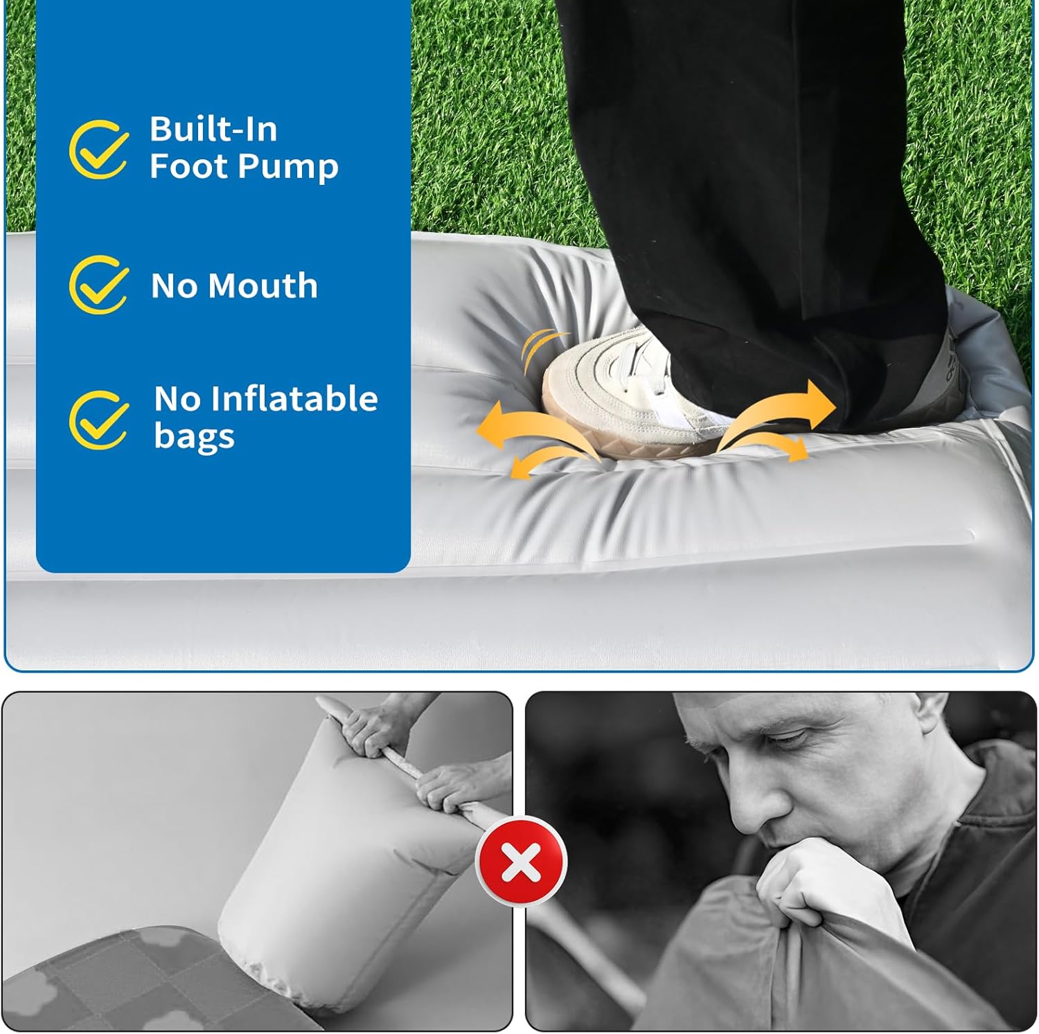 Dog resting on inflatable travel bed outdoors
