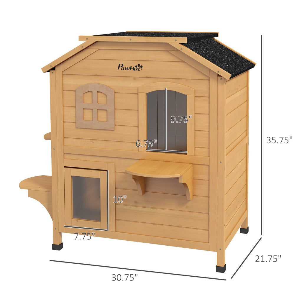 2-Story Wooden Outdoor Cat House with Escape Door & Roof Shelter