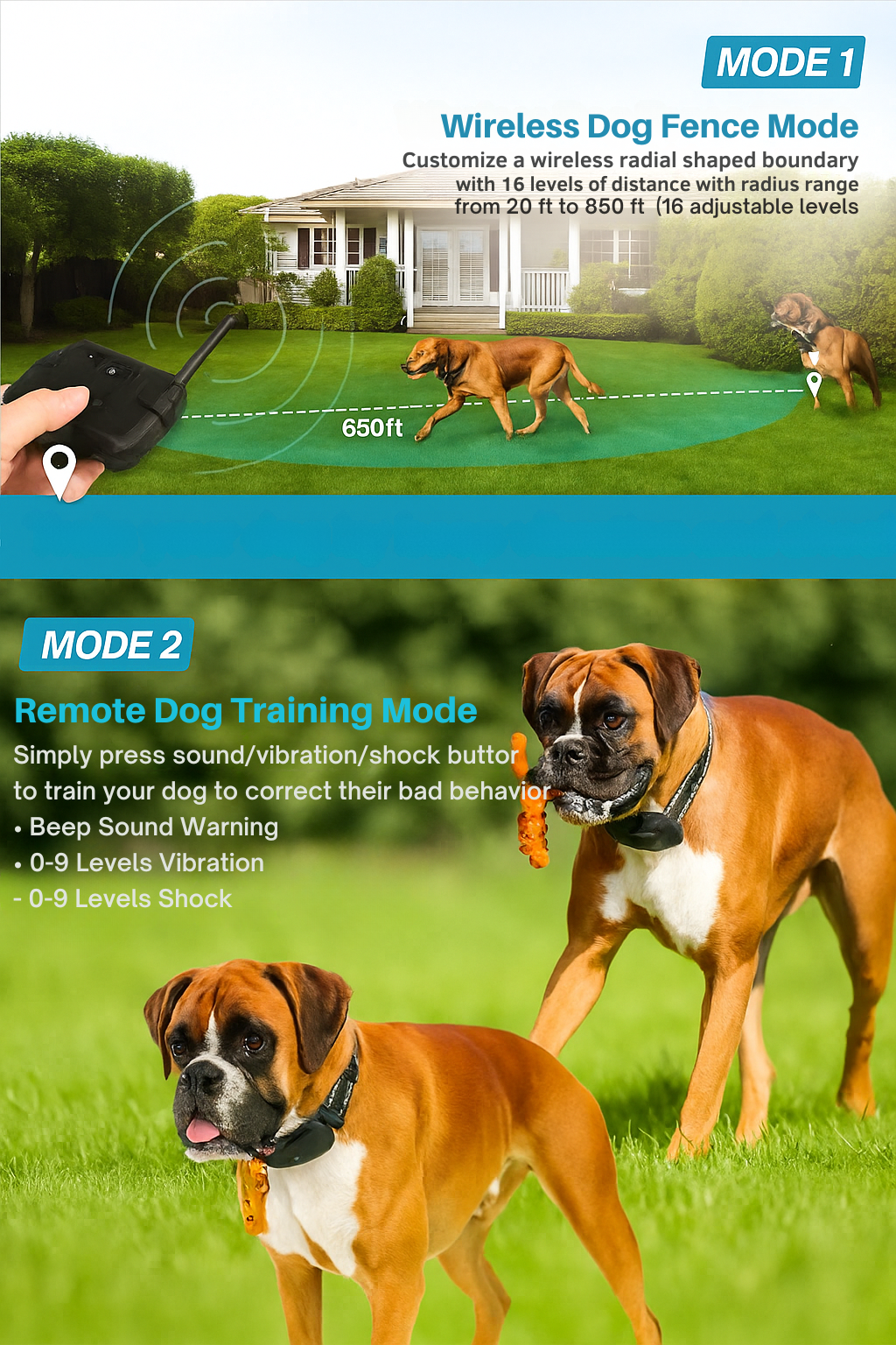 2-in-1 Wireless Dog Fence & Training Collar – Waterproof Pet Containment System