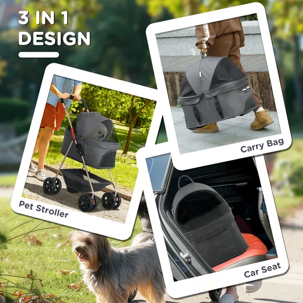 3 in 1 pet dog cat stroller/carrier/car seat 3-in-1 Foldable Pet Stroller with Detachable Carrier & Storage for Sma – Kelley's Pet Cave