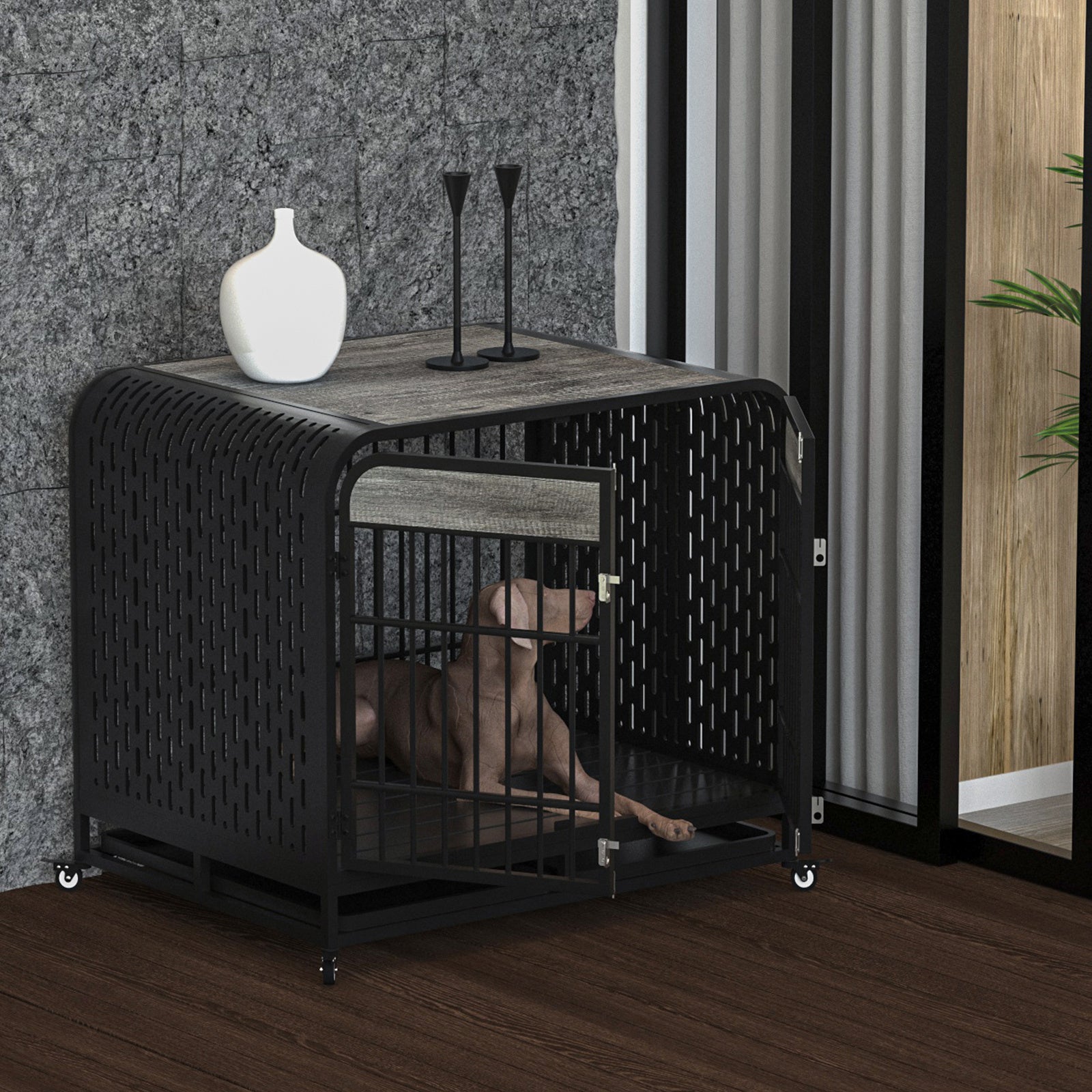 Heavy Duty Wooden Dog Crate with Lockable Wheels – 42" Grey Furniture Style