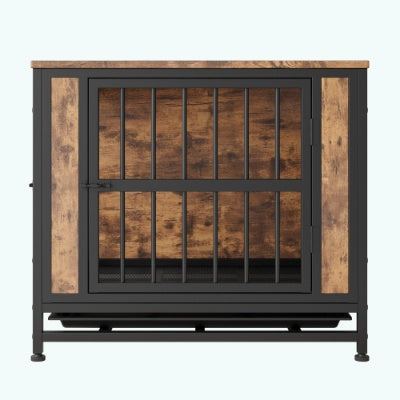 Rustic Wooden Dog Crate Furniture – 27" Small Indoor Kennel with Sliding Doors (small dogs)