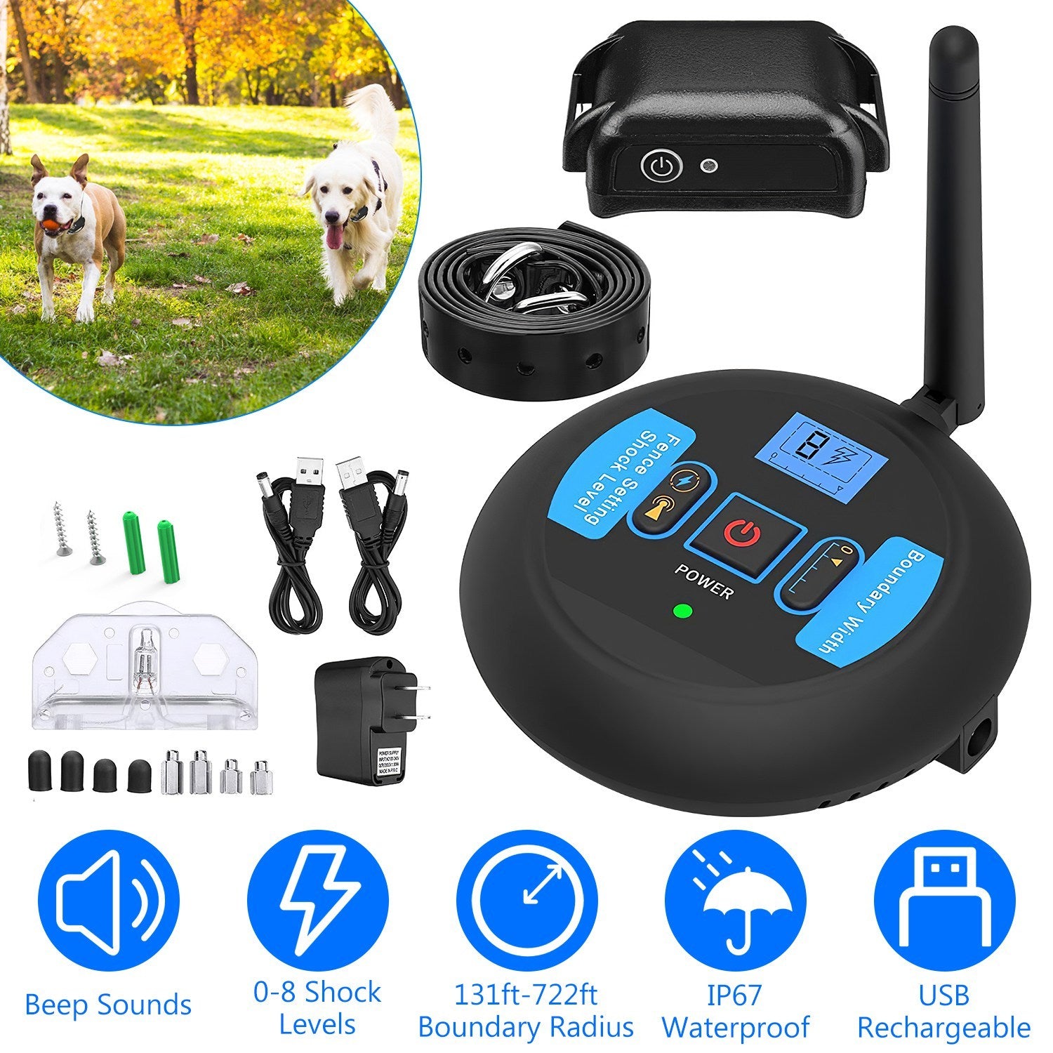 Wireless Dog Fence & Training Collar – Safe Shock Boundary System for Small, Medium & Large Dogs