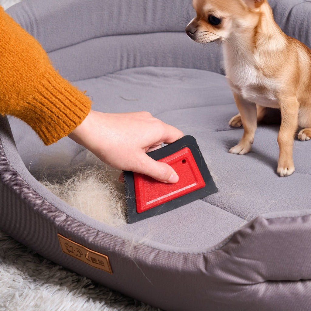 Pet hair remover in use on couch