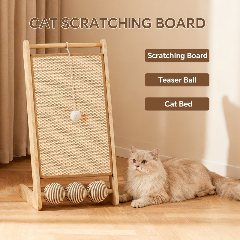 Vertical sisal rope cat scratching post tower with hanging teaser ball