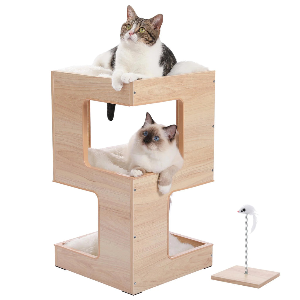 Pefilos 23" Wood Cat House Furniture for Indoor Cats, Modern Cat Tree Tower Bed with Free Cat Toy, Scratching Pad and Removable Soft Mats, Small Cat Condo, Brown