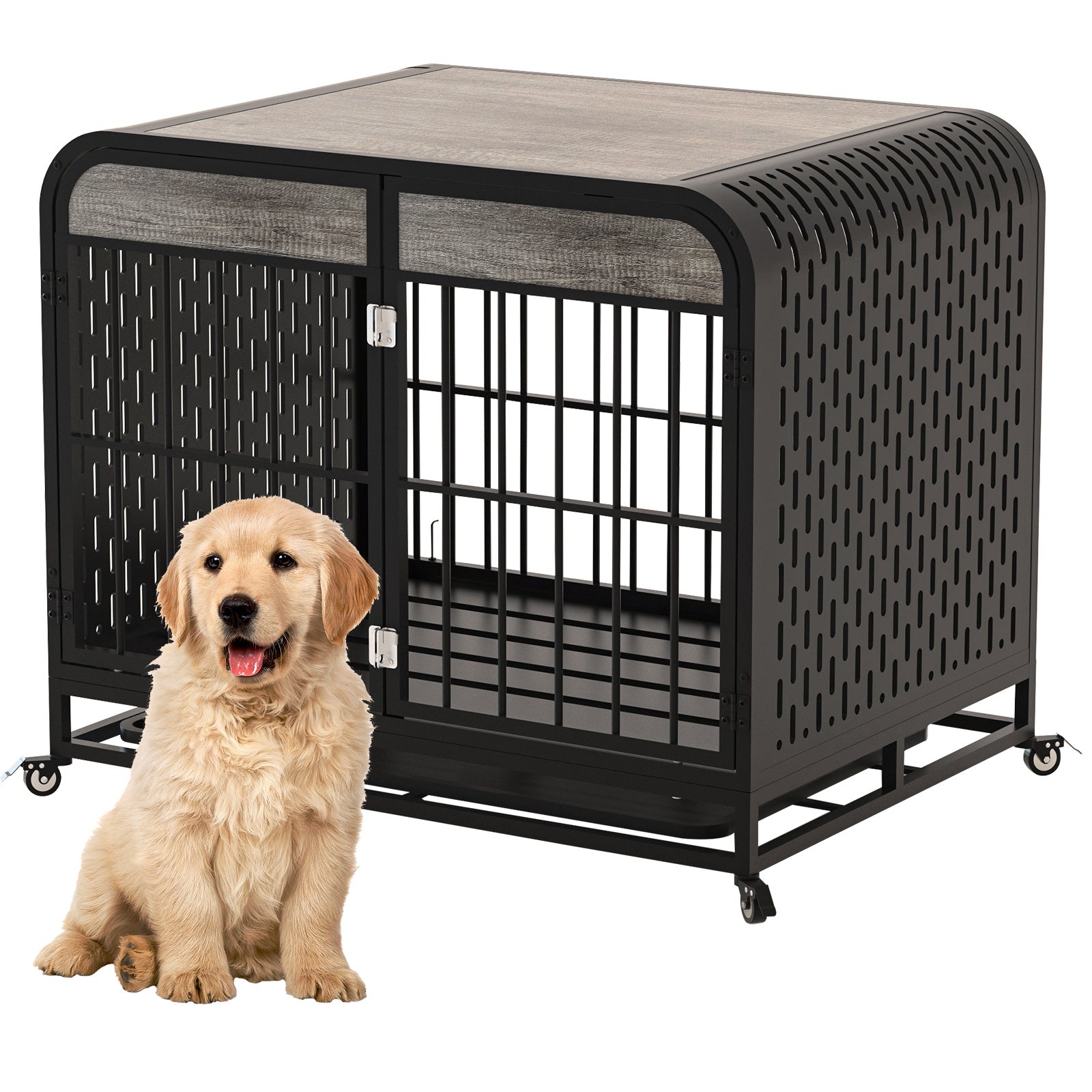 Stylish Grey Wooden Dog Crate – 33" Heavy Duty Kennel & Side Table Design