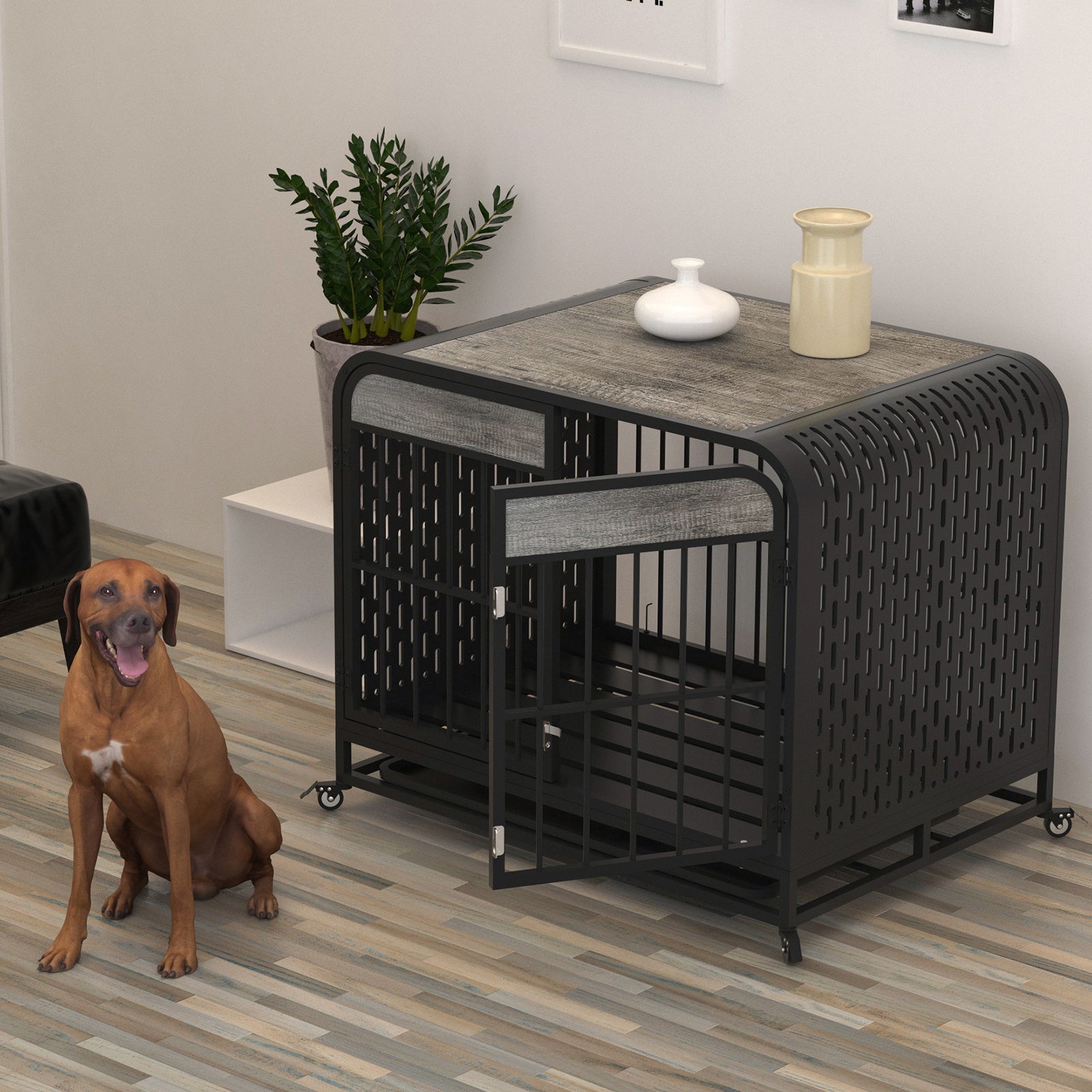 Stylish Grey Wooden Dog Crate – 33" Heavy Duty Kennel & Side Table Design