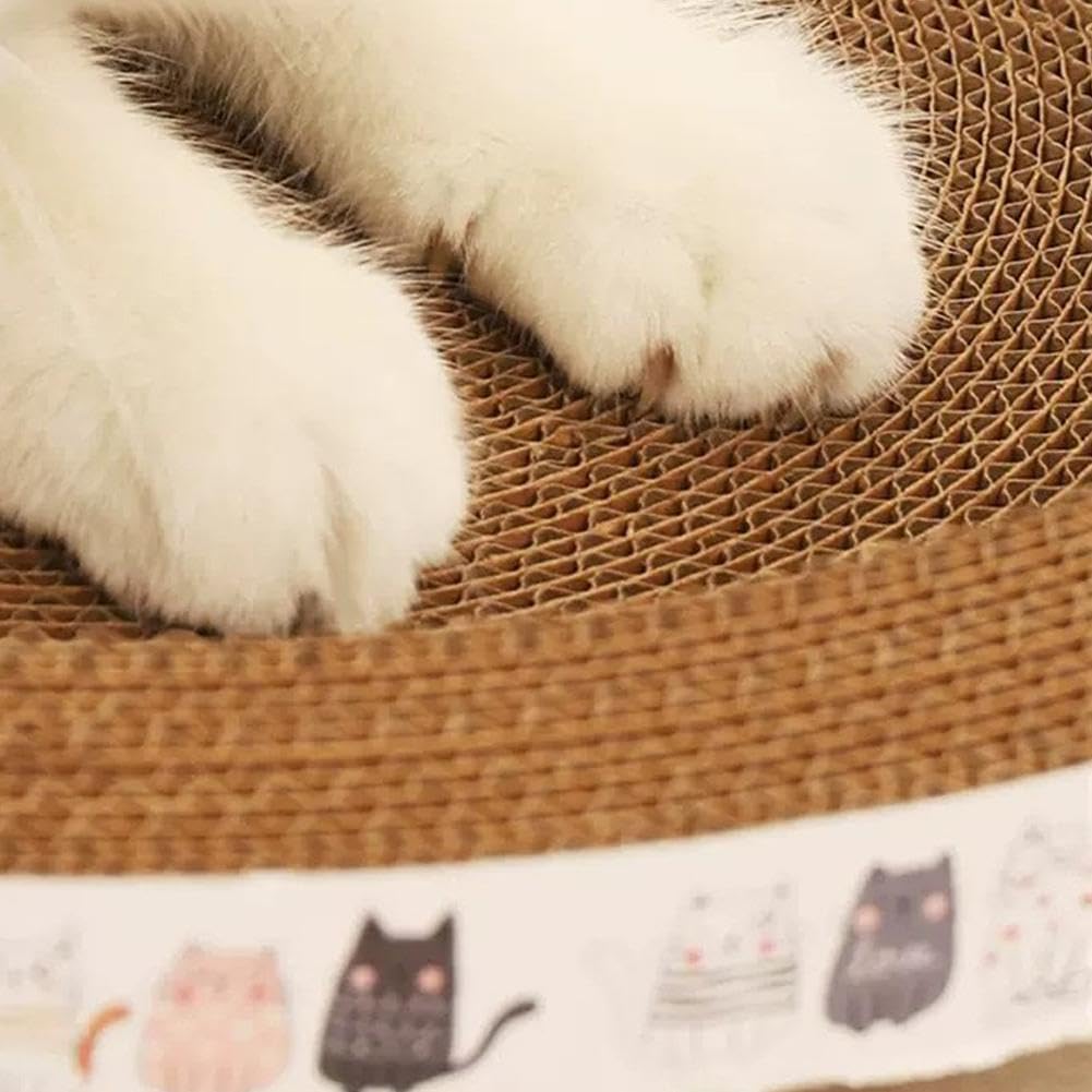 Cat scratching the corrugated cardboard surface of the oval lounge bed