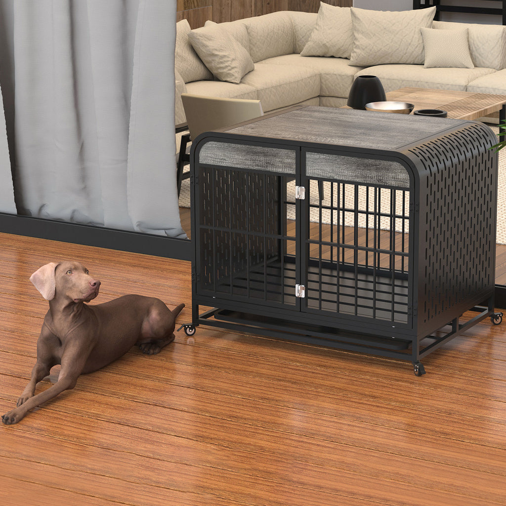 Stylish Grey Wooden Dog Crate – 33" Heavy Duty Kennel & Side Table Design