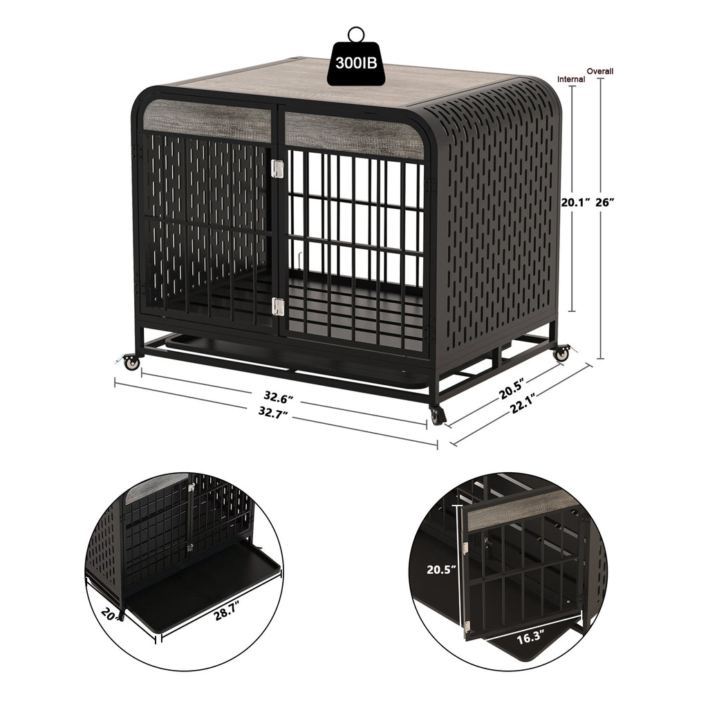 Stylish Grey Wooden Dog Crate – 33" Heavy Duty Kennel & Side Table Design
