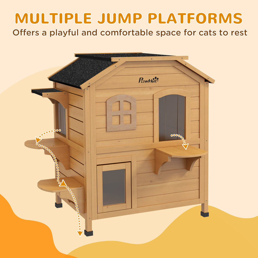 2-Story Wooden Outdoor Cat House with Escape Door & Roof Shelter