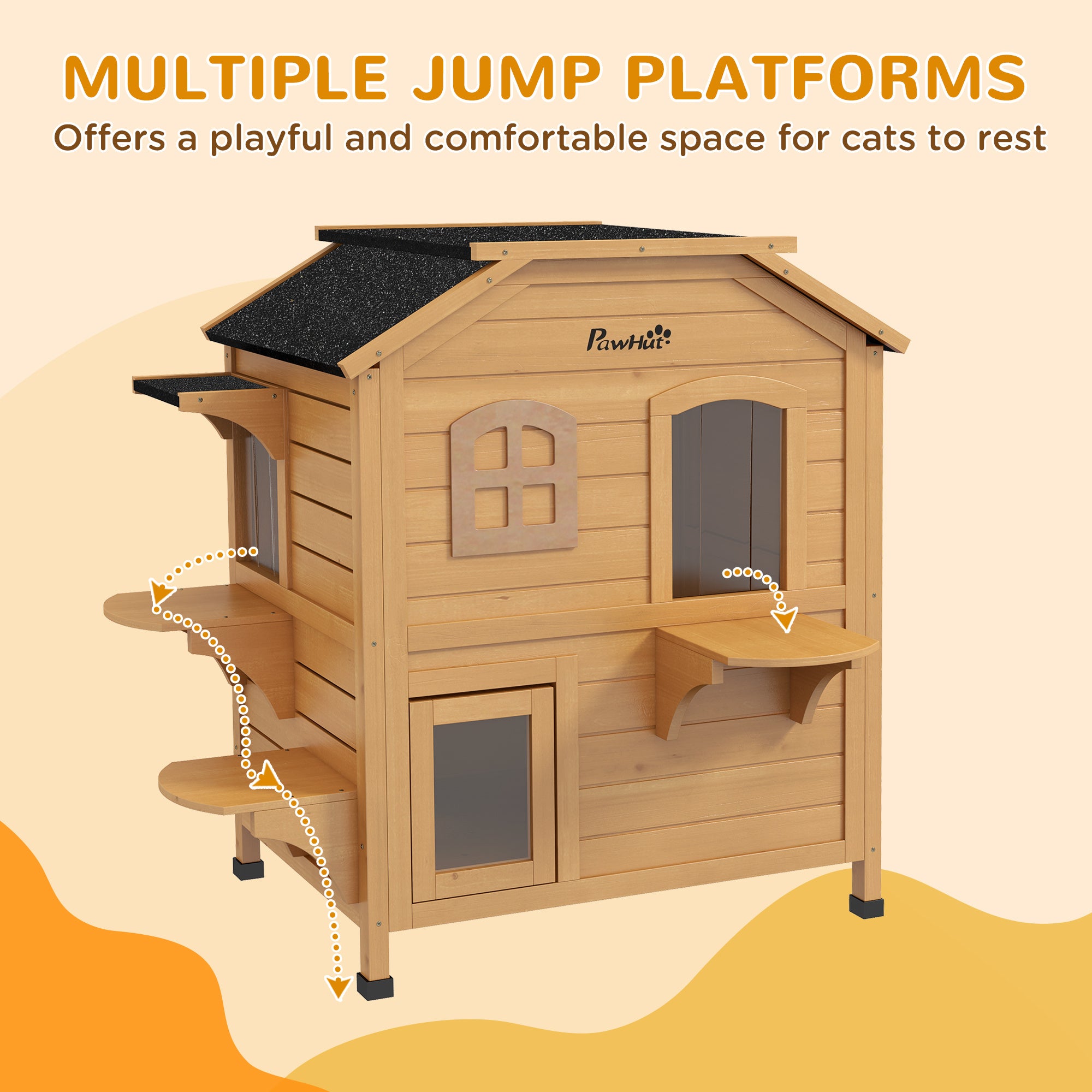 2-Story Wooden Outdoor Cat House with Escape Door & Roof Shelter